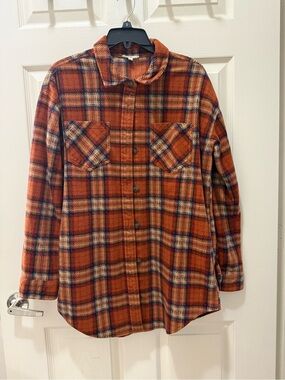 Maurices Orange and Navy Plaid Button-Up Shacket